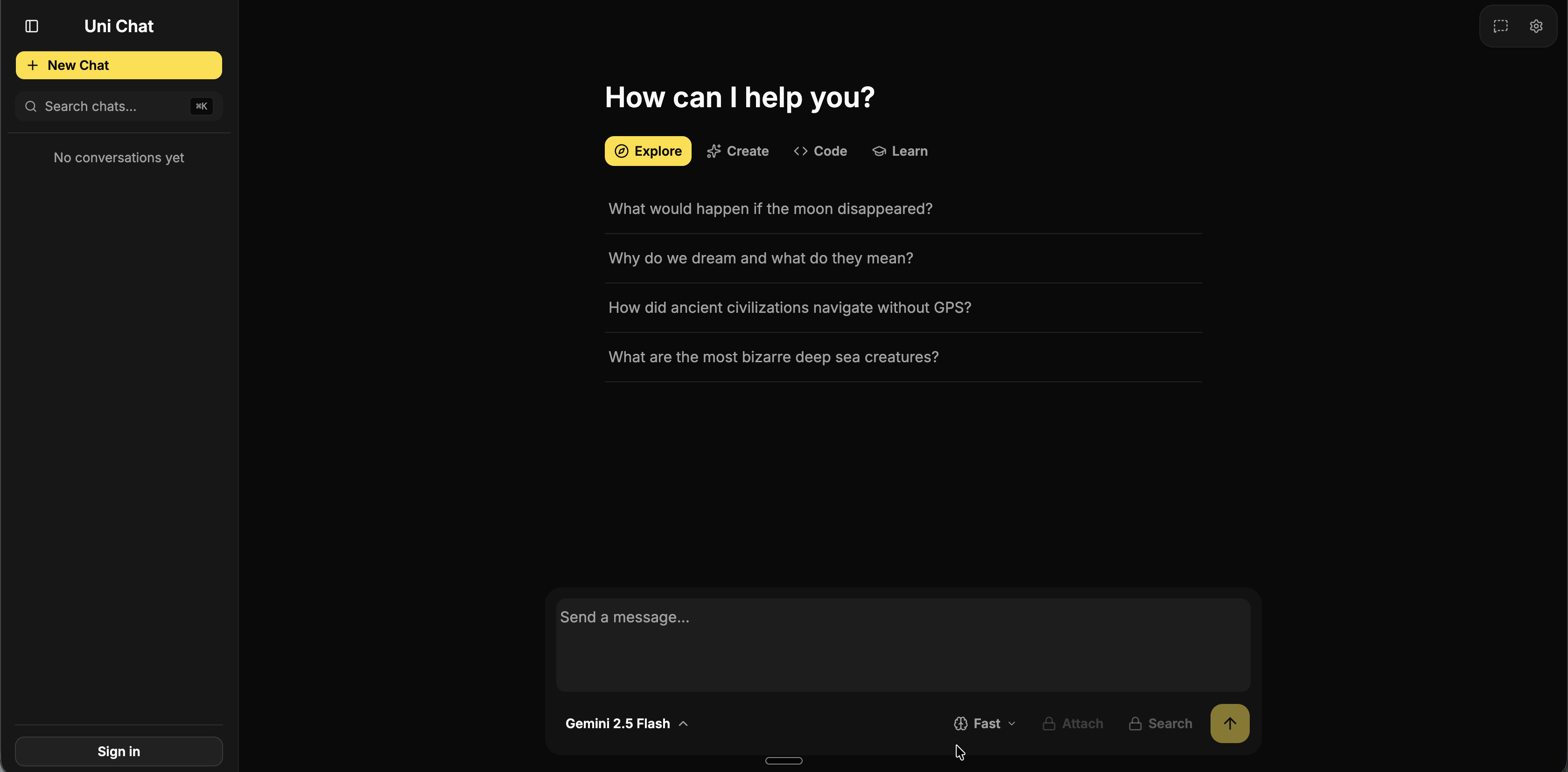 UniChat — home and prompt categories