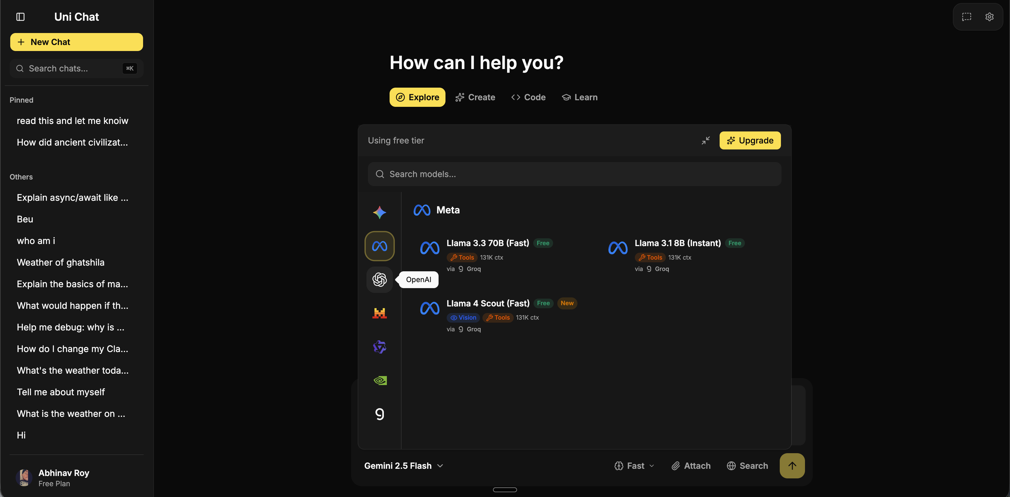 UniChat — model picker grouped by provider