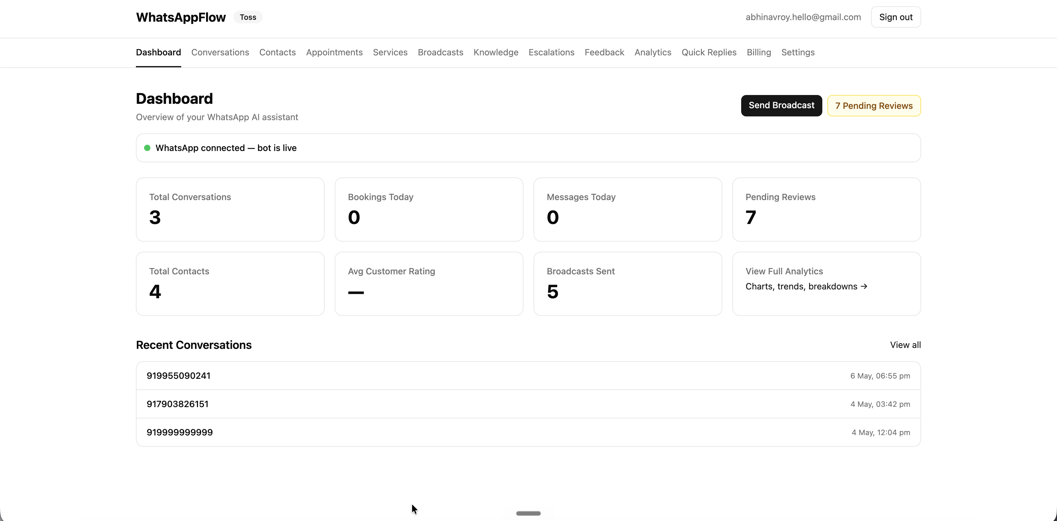 WhatsAppFlow — dashboard